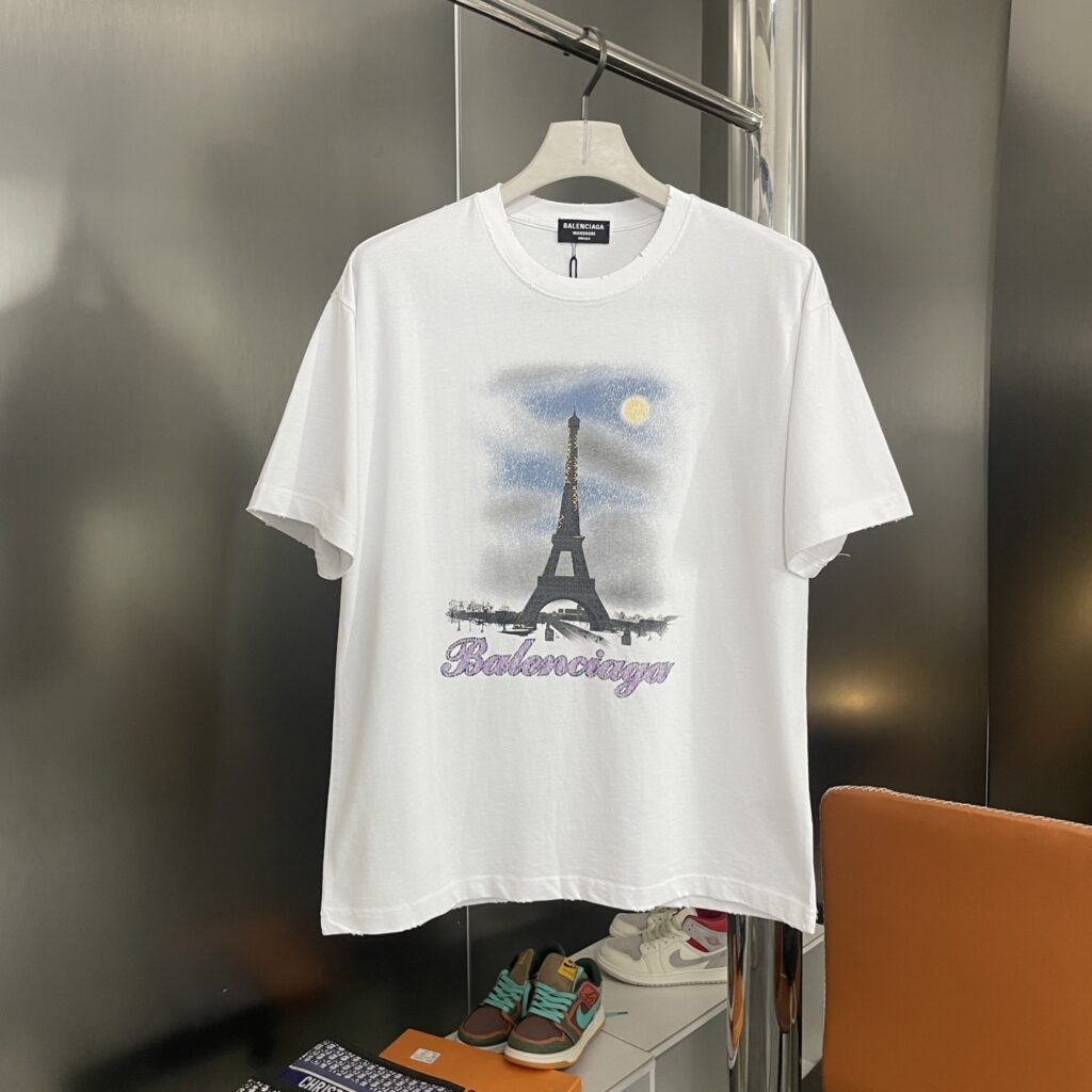 Balenciaga 25SS Eiffel Tower Graffiti Tee | 280G Double-Yarn Cotton | Digital Print | Distressed Wash | Pink/Blue/White | S-XL