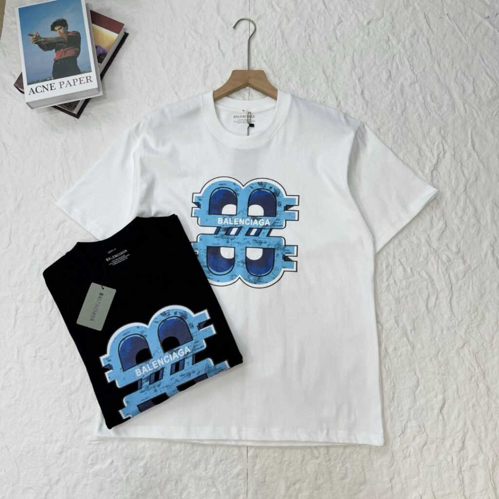 Balenciaga Oversized T-Shirt | Curved Logo Design | Cotton Unisex Tee | Black & White