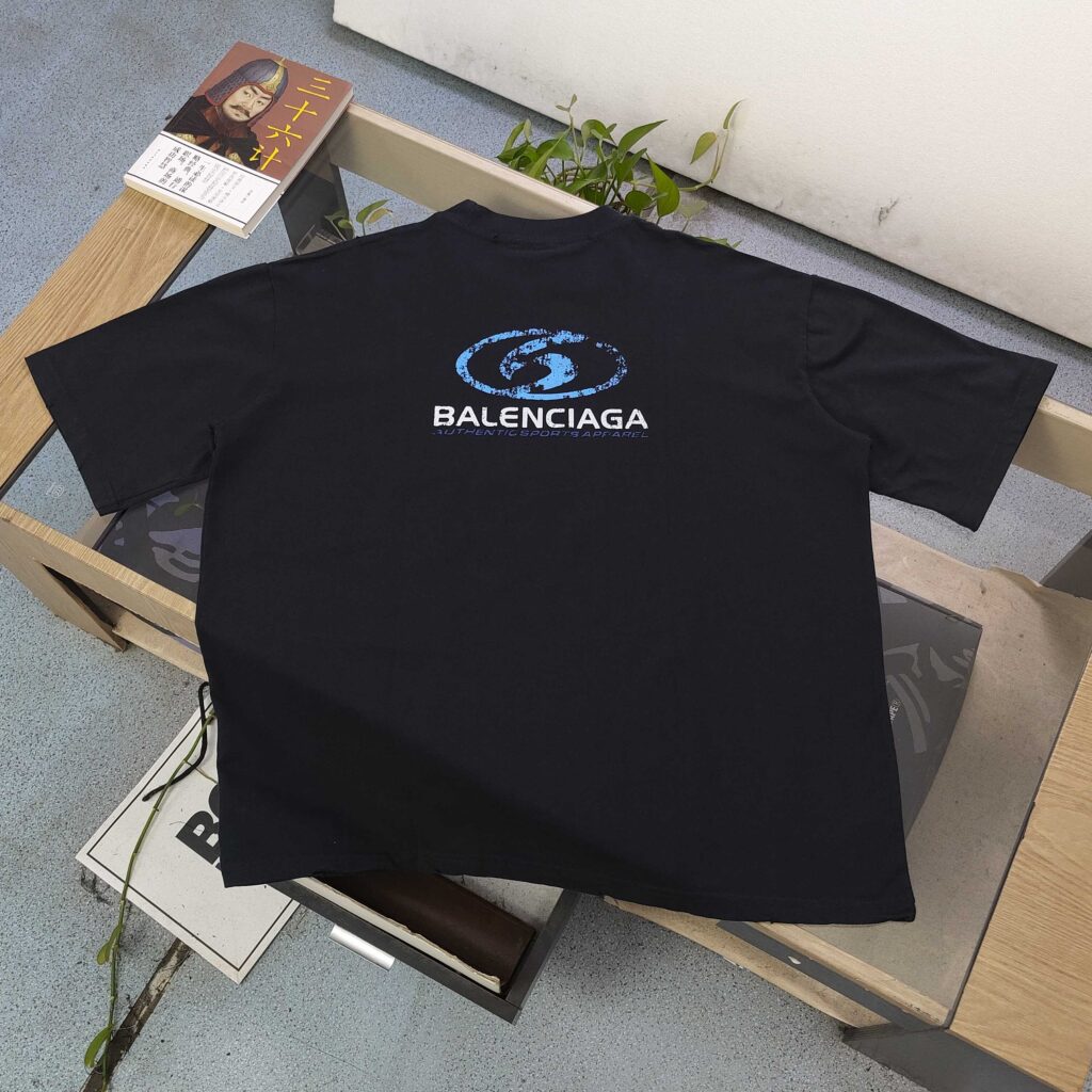 BALENCIAGA 2025 SS Washed Blue Logo T-Shirt | 280G Vintage Cotton | Distressed Print | Oversized Unisex Fit