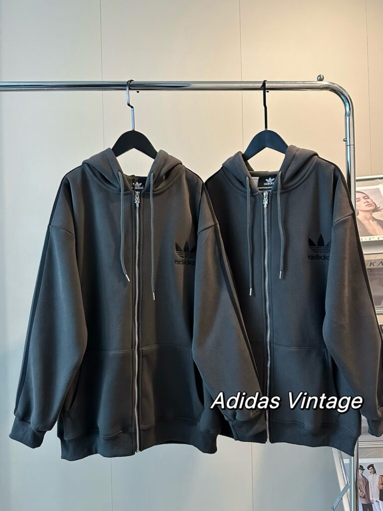 Adidas clover new high-grade gray plus velvet embroidered logo zipper thick coat