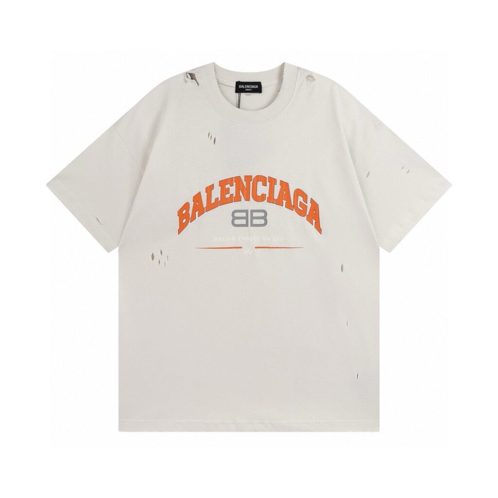 BALENCIAGA 2025 SS Distressed BB Logo Cracked Print T-Shirt | 260GSM Washed Cotton | Vintage Rip Detail | 1:1 Replica