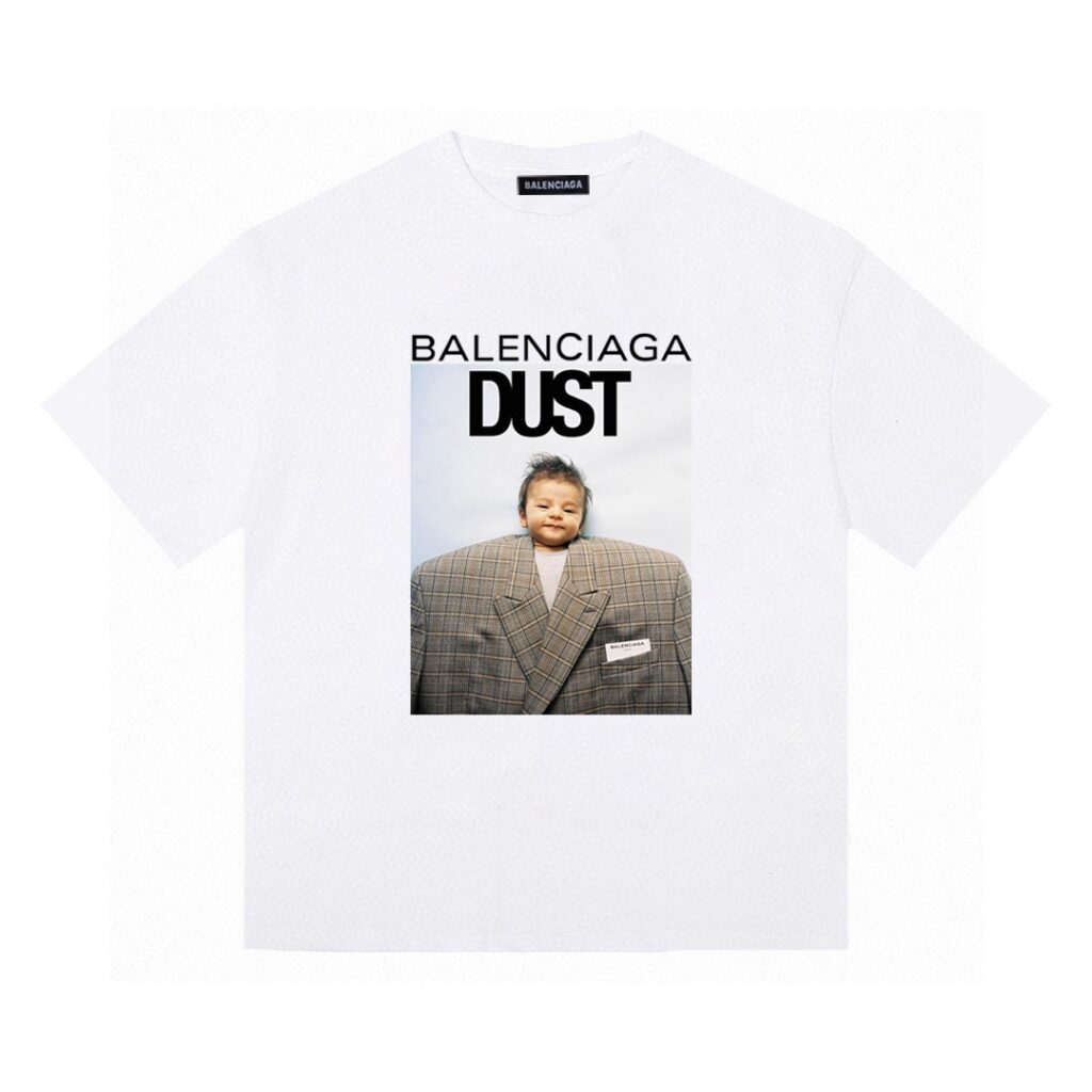 Balenciaga DUST Baby Short Sleeve Tee | 260G Combed Cotton | Reinforced Shoulder | Premium Print | Unisex | White/Black/Dark Gray | M-XL