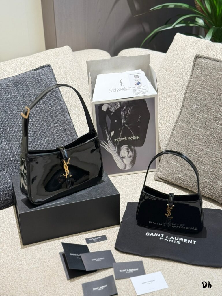YSL Patent Leather Hobomini Bag - Black & Gold (Small 19cm/Large 25cm) with Original Box
