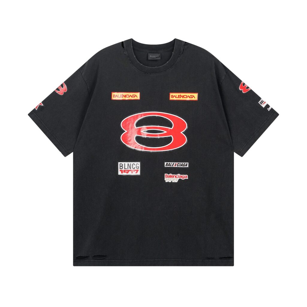 BALENCIAGA 2025 SS Sponsor Logos Vintage Wash T-Shirt | 260G Heavyweight Cotton | Distressed Print | Oversized Streetwear