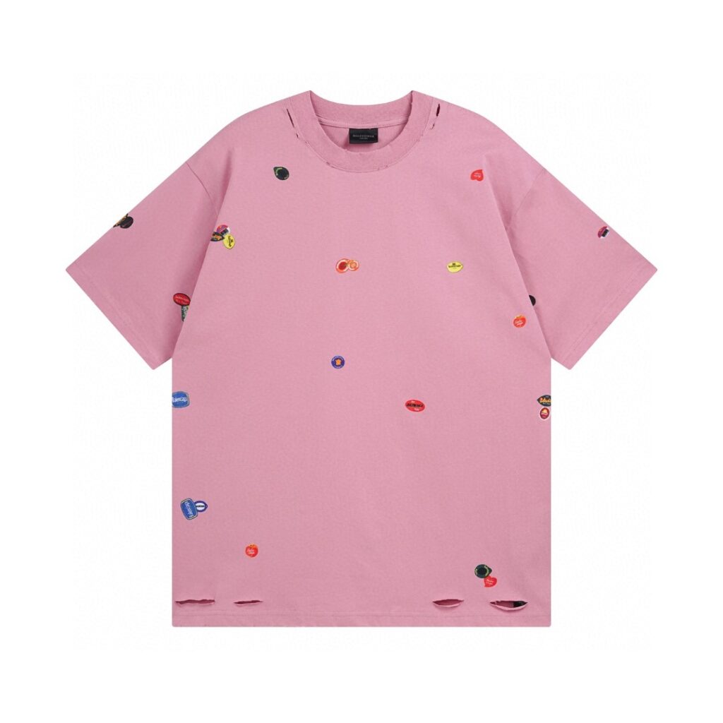 BALENCIAGA 2025 SS Fruit Print Vintage T-Shirt | 260G Heavyweight Cotton | All-Over 3D Print | Distressed Wash | Oversized Streetwear