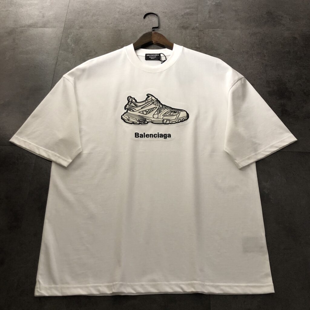 Balenciaga 2025 Dad Shoe Embroidery T-Shirt | 32-Single Combed Cotton | Laser-Cut Design | Oversize Fit | Black/White | XS-L