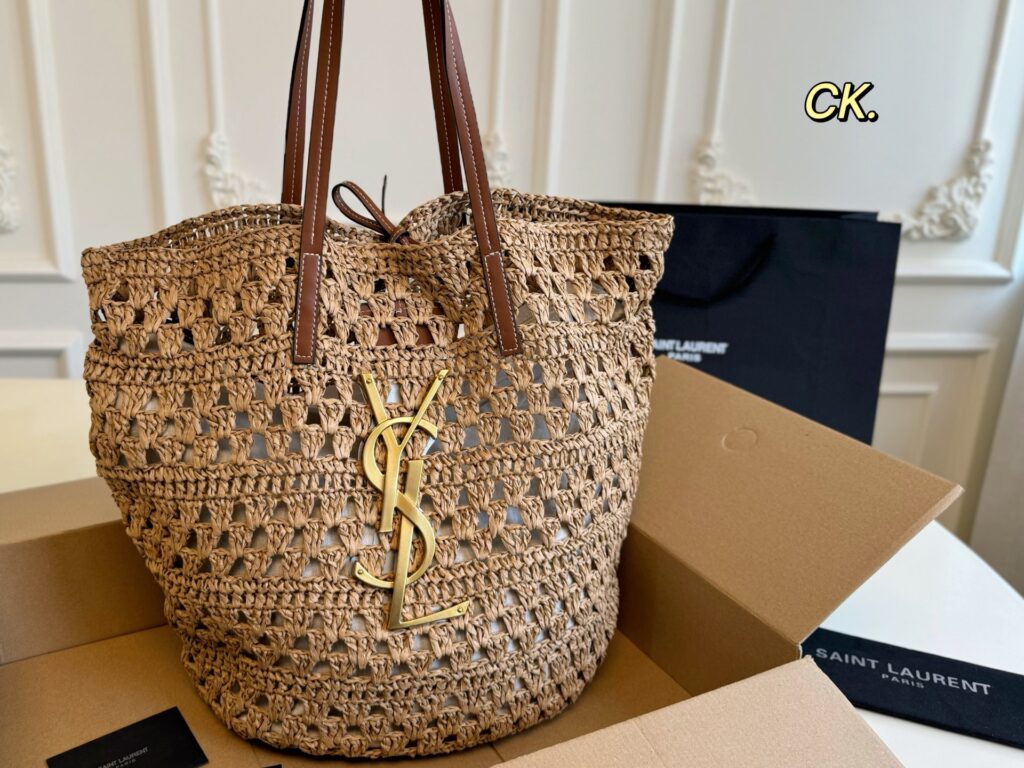YSL Straw Tote Bag - 30×40cm Large Capacity with Leather Strap