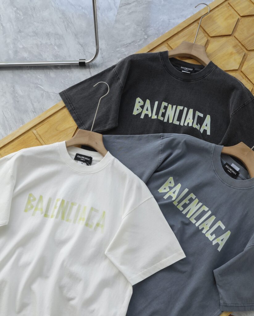 BALENCIAGA SS25 BB MONOGRAM Distressed Tape Print T-Shirt – Heavy Washed Vintage Tee (Oversized Fit)