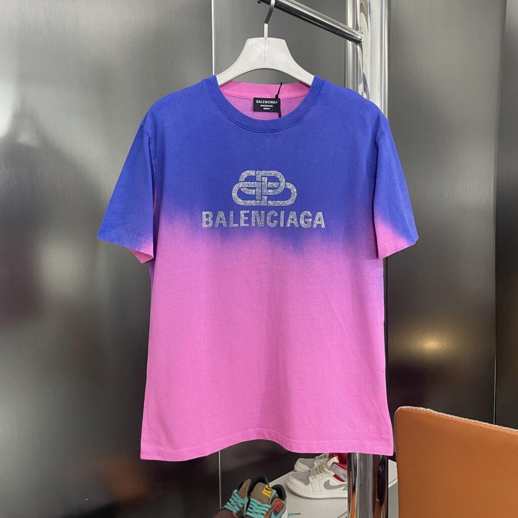 Balenciaga 2025SS Gradient Lock T-Shirt | Women's Fit | 32-Single 240G Cotton | Tie-Dye + Crystal Embroidery | Purple-Red/Purple-White | S-L
