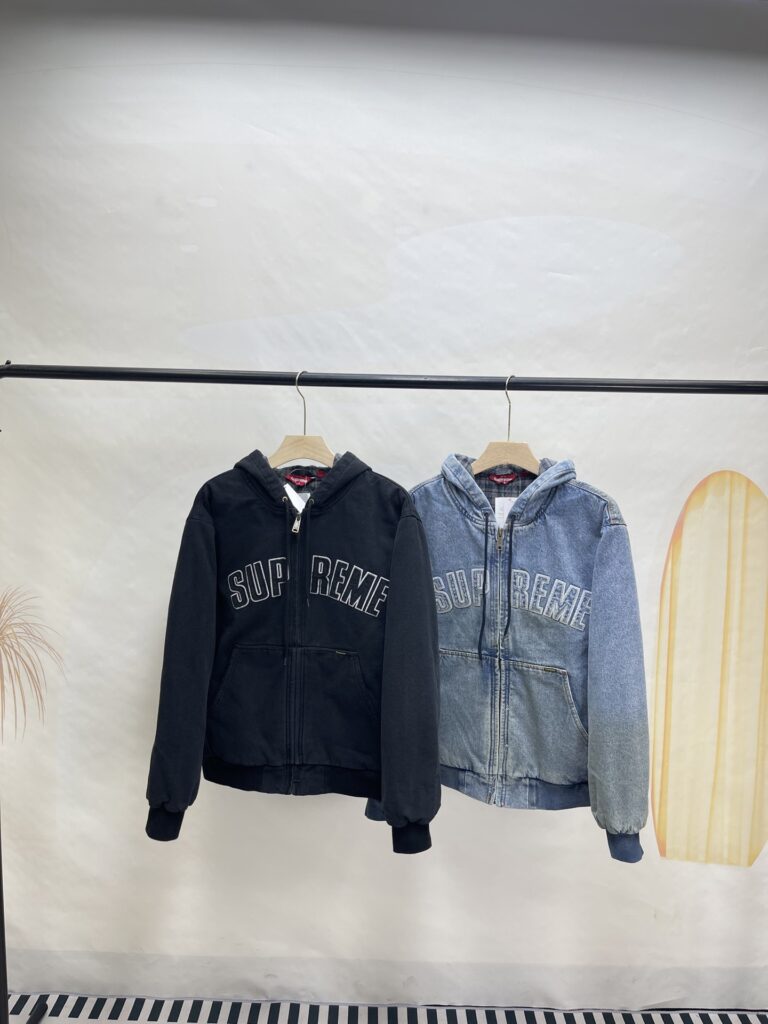 Supreme FW25 Reflective Logo Hooded Work Jacket | Full Denim Quilted Insulation | Unisex Washed Blue/Black