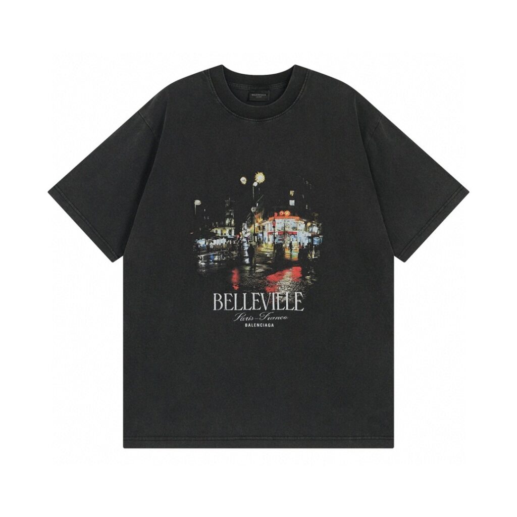 BALENCIAGA 2025 SS Paris Skyline Vintage Wash T-Shirt | 260G Heavyweight Cotton | Distressed Digital Print | Oversized Streetwear