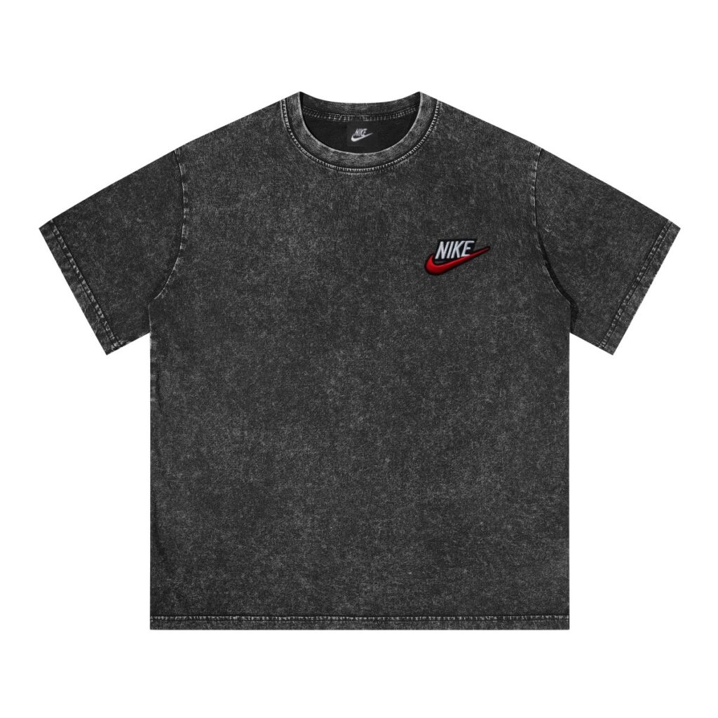 Nike Color-Block Embroidered Washed Tee – Premium Cotton Vintage Wash (Black/White) | Unisex Casual Essential