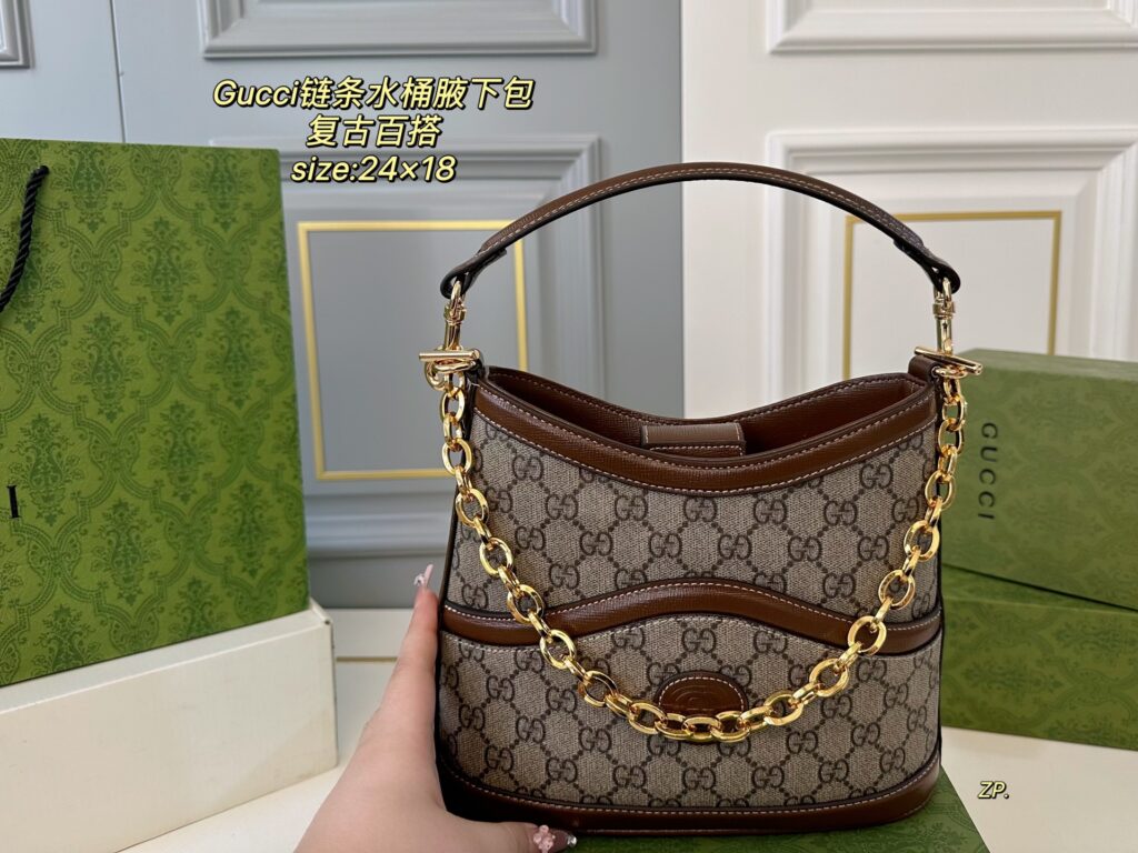 Gucci New Monogram Chain Bucket Armpit Bag with Airplane Folding Box (24×18cm) GG Metal Strap Bag