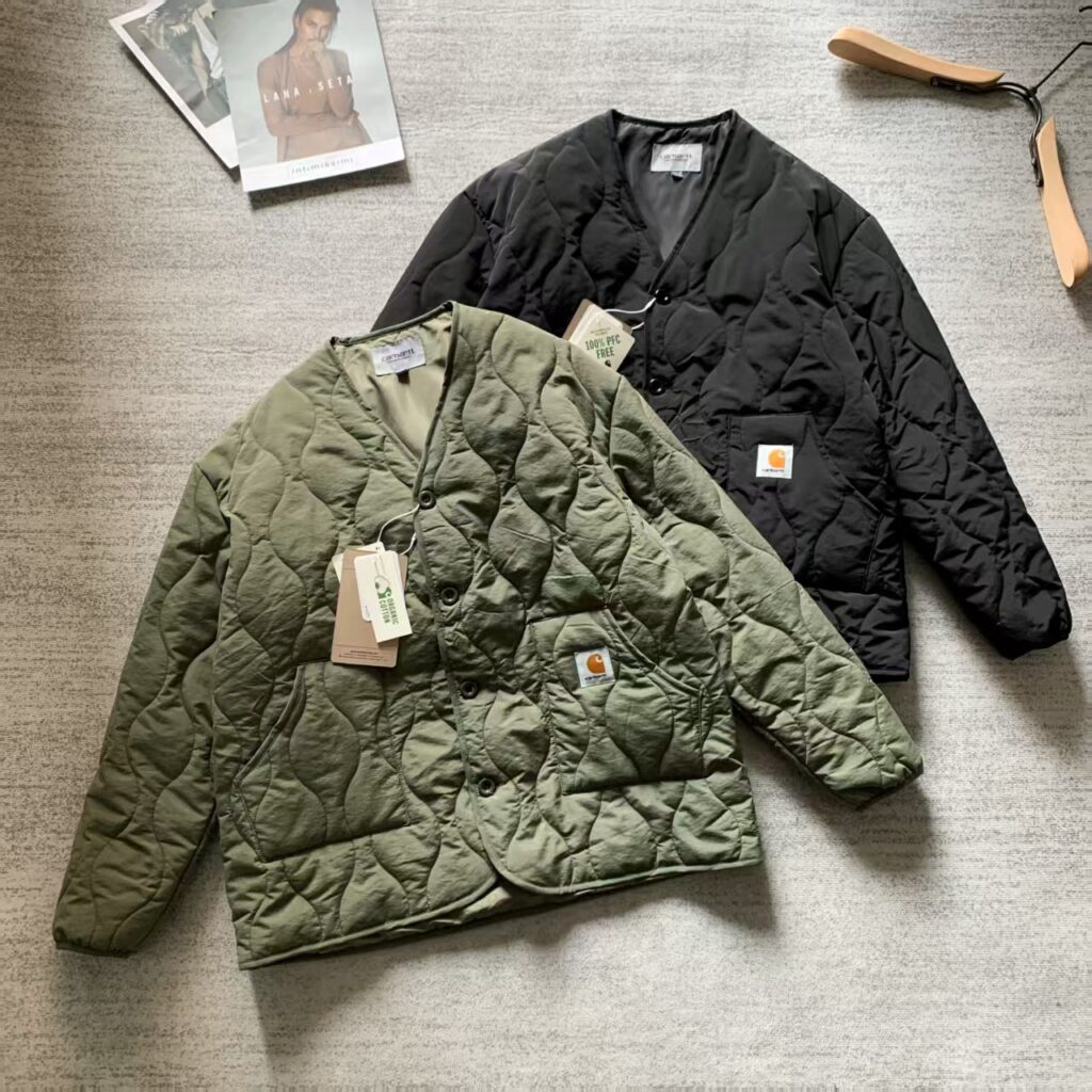 Carhartt Style Vintage Stand Collar Workwear Jacket | 160g Specialty Quilting | Unisex Baseball Bomber | Black, Army Green