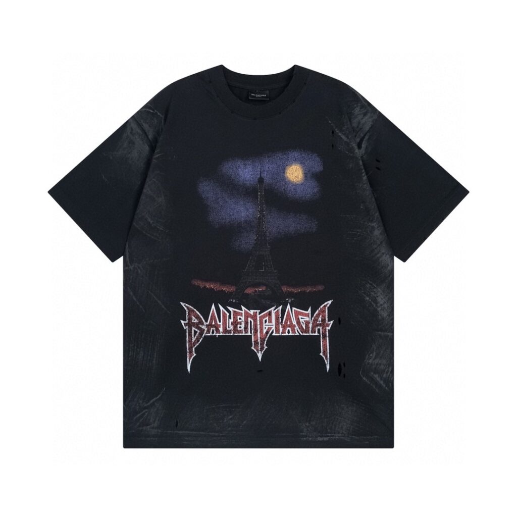 BALENCIAGA 2025 SS Eiffel Tower Graffiti Washed Vintage T-Shirt | 260G Double Knit Cotton | Digital Spray Print | 1:1 Luxury Replica