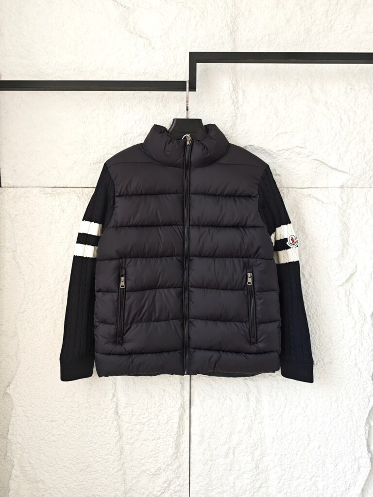 MONCLER Paneled Stand Collar Puffer Jacket | Knitted Cable Sleeves | Luxury Winter Style Redefined