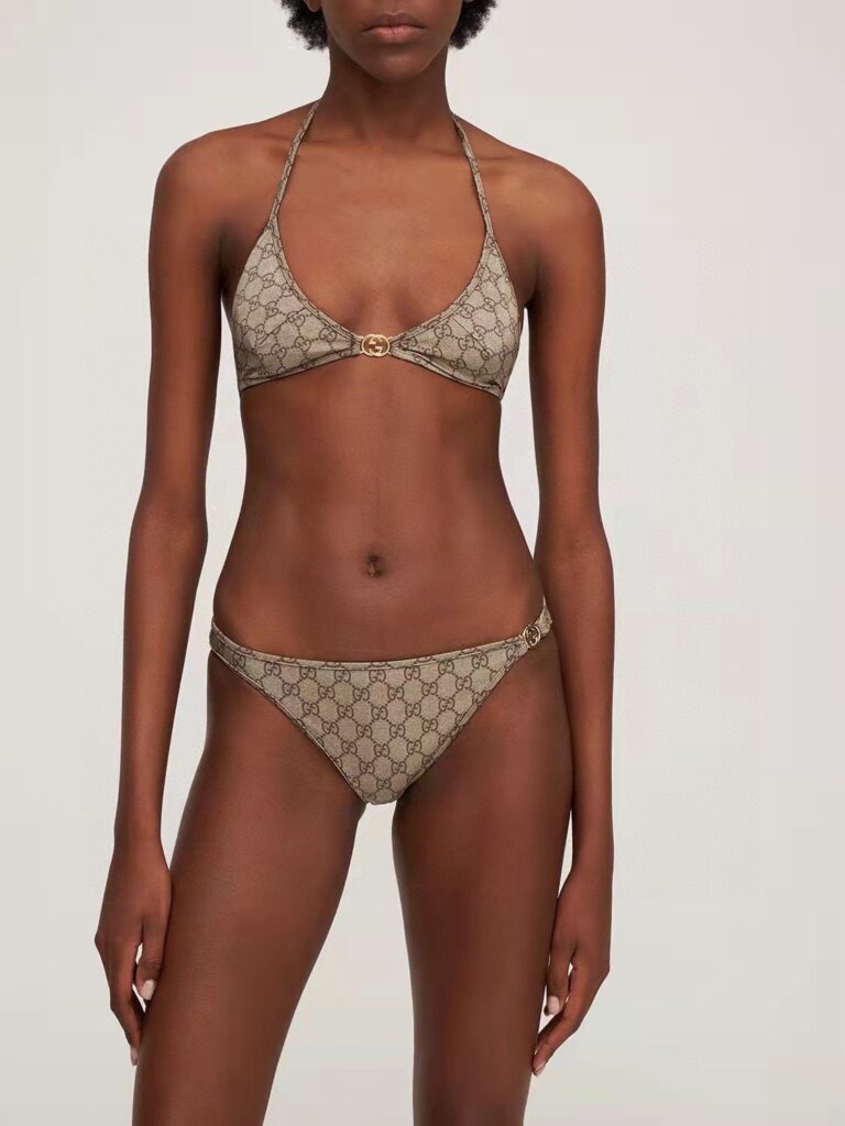 Gucci Sexy Vintage Bikini Set - Beige Strappy Triangle Top (Padded) + High-Cut Briefs with Logo Hardware (S-XL)