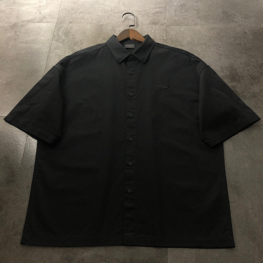 Balenciaga 2025 Sanskrit Print Short Sleeve Shirt | Gothic Mud-Dye | Logo Embroidery | Premium Cotton | Oversize Fit | Unisex | M-2XL