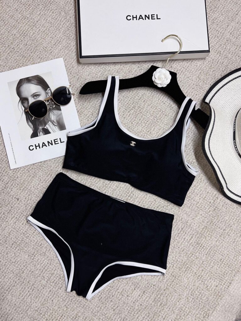 Chanel Vintage Bikini Set - Signature Logo Print Strappy Top + High-Cut Briefs (Black, S-XL)