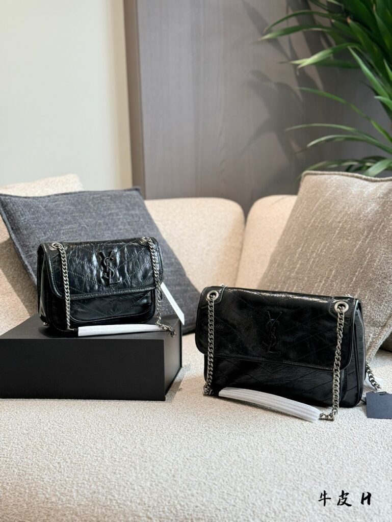 YSL Niki Baby Crossbody Bag – Black & Silver D-Buckle Waxed Leather with Black YSL Logo
